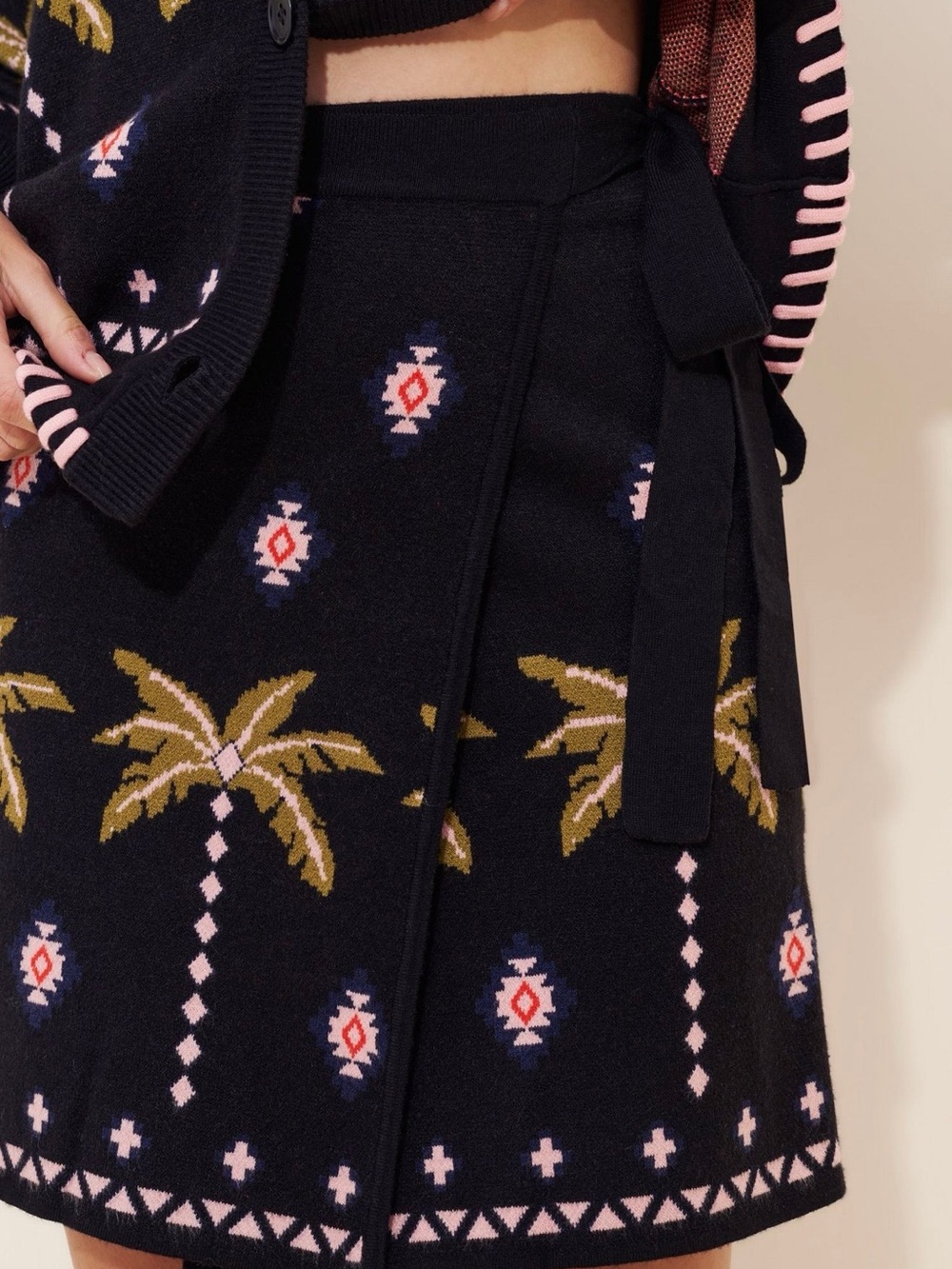 Never Fully Dressed- Black Palm-Print Wrap A-Line Skirt